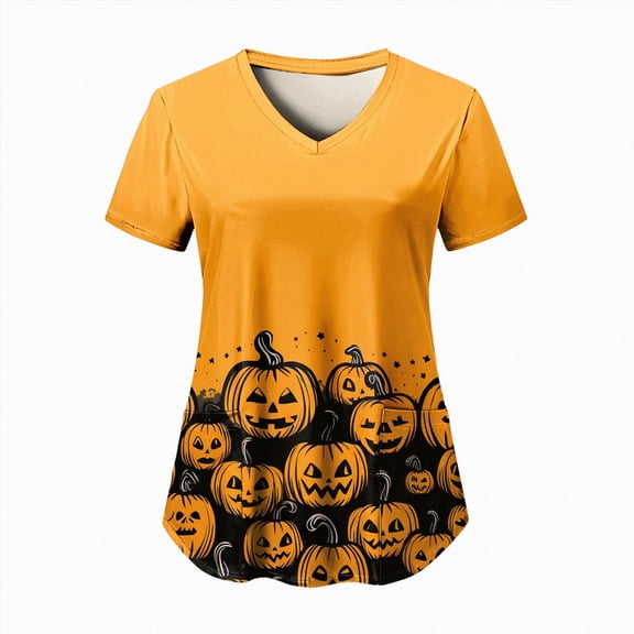 enyan Women's Halloween Shirts Pumpkin T-Shirt Gift Spooky Graphic Tees Short Sleeve Fall Tops Women’s Halloween Shirt(Gold,XXL)