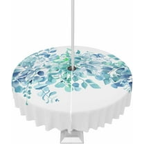 Outdoor Tablecloth with Umbrella Hole & Zipper, Teal Blue Eucalyptus Leaves Round Tablecloth 60 Inch, Spring Summer Botanical Floral Patio Table Cover Waterproof Table Cloth for Picnic/Party