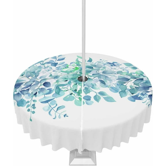 Outdoor Tablecloth with Umbrella Hole & Zipper, Teal Blue Eucalyptus Leaves Round Tablecloth 60 Inch, Spring Summer Botanical Floral Patio Table Cover Waterproof Table Cloth for Picnic/Party