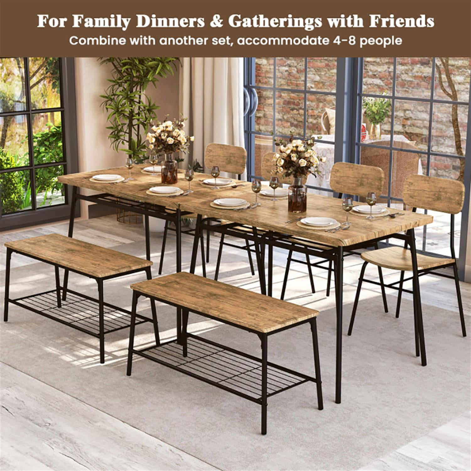 Demi Bonn 4-Piece Dining Table Set with Bench and 2 Chairs, 43" Kitchen Table with Metal Frame and Storage Rack, Perfect for Small Space, Brown