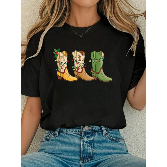 Women Cotton Tshirt Christmas Cowgirl Boots Western Country Women Howdy Xmas T-Shirt Comfort Tshirt Women