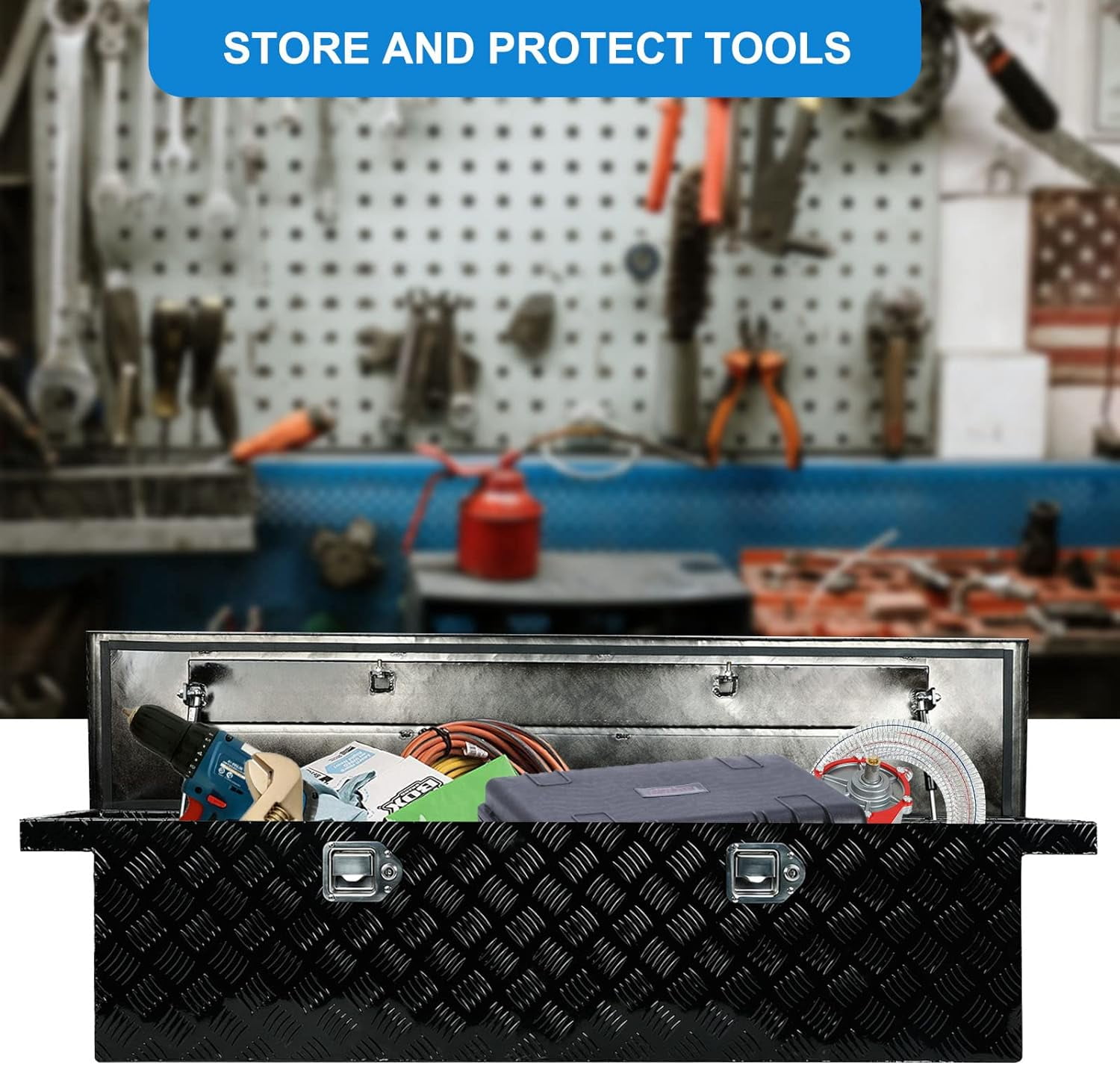 Confote 63"X12"X14" Heavy Duty Pickup Truck Bed 5 Bar Tread Tool Box Trailer Storage Tool Box roam adventure storage box with Lock and Key