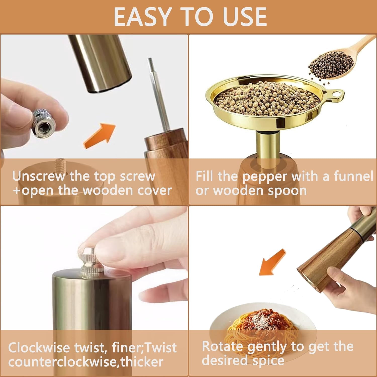 Wooden Salt and Pepper Grinder Set: Acacia Wood Salt Grinder Refillable, Manual Salt and Pepper Mill with Ceramic Core - Customized Coarseness, Salt and Pepper Shaker Set for Kitchen (Gold)