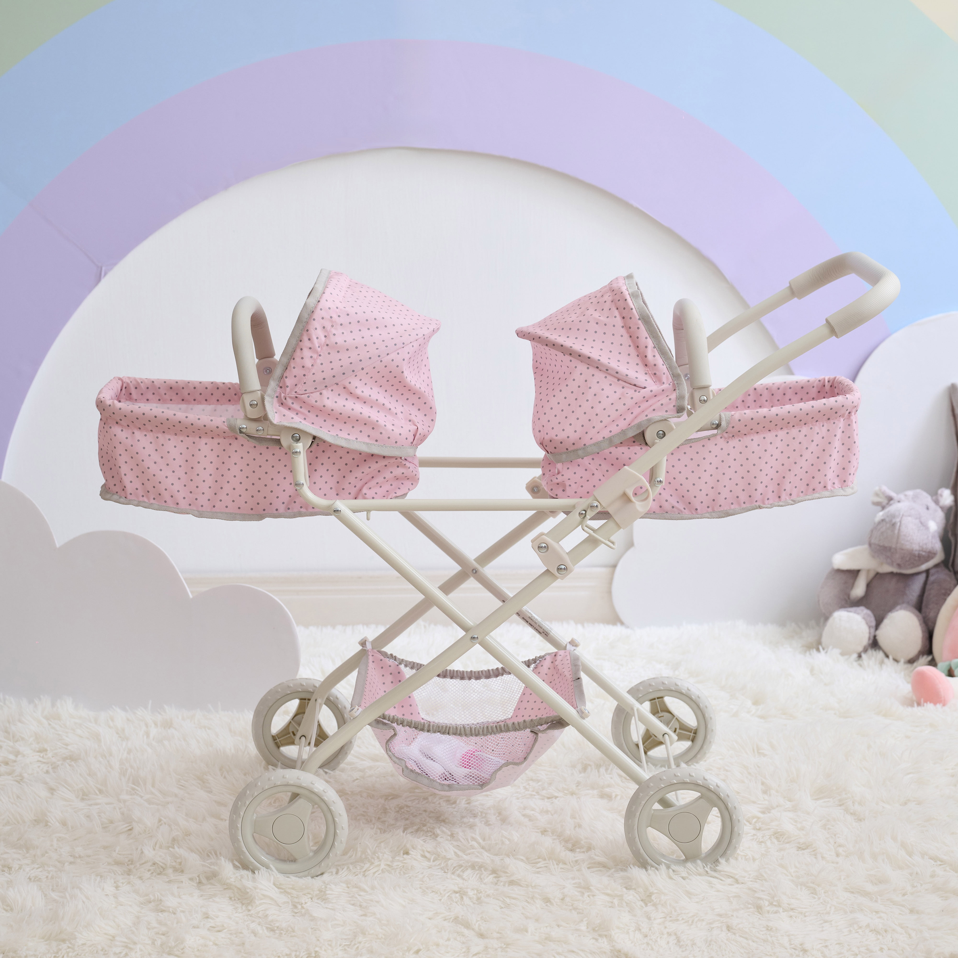 Olivia's Little World Polka Dot Princess Baby Doll Twin Bassinet Stroller with Retractable Canopy & Storage, Pink/Gray