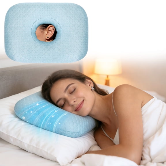 RoamReady Adult Cooling Ear Piercing Pillow for Side Sleepers, Washable Donut for Ear Pain Pressure Relief CNH Headphone, Dark Blue