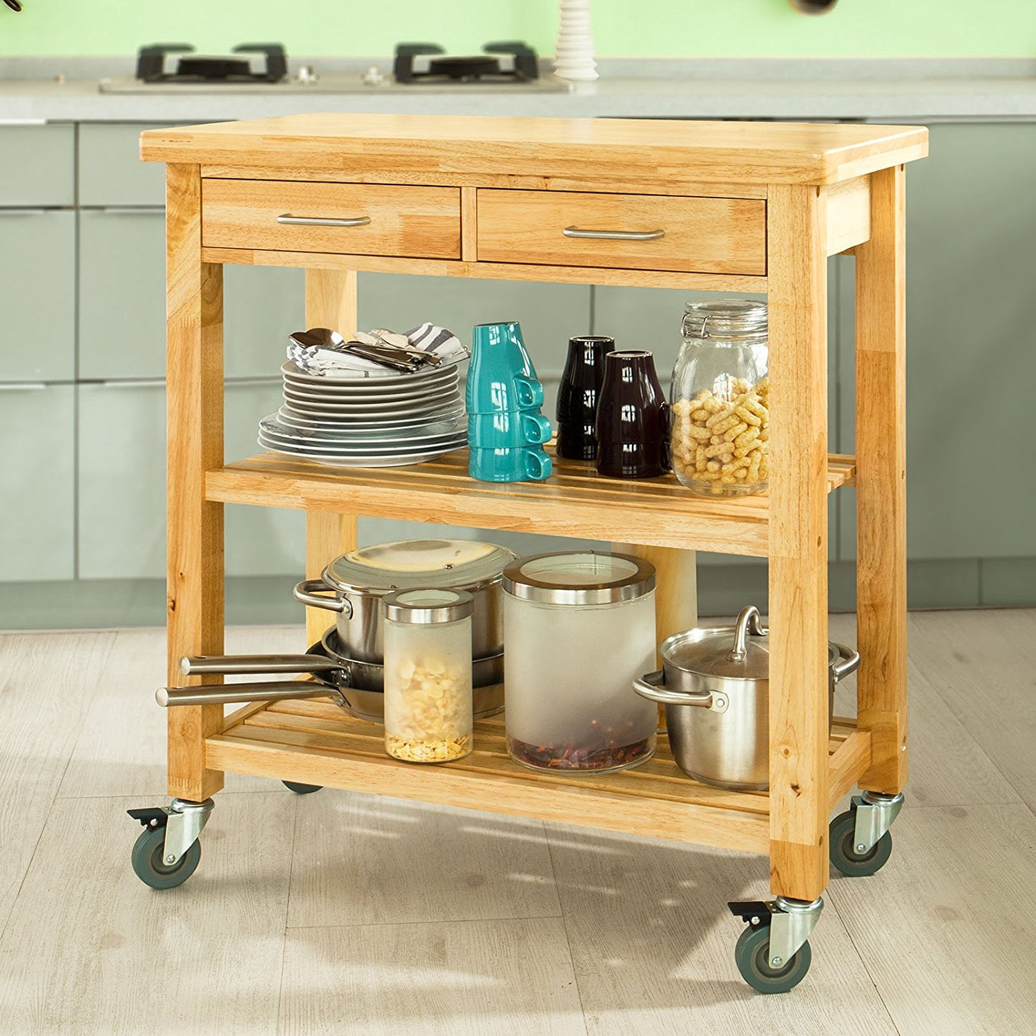 Haotian Rubber Wood Kitchen Storage Serving Trolley Cart with Two