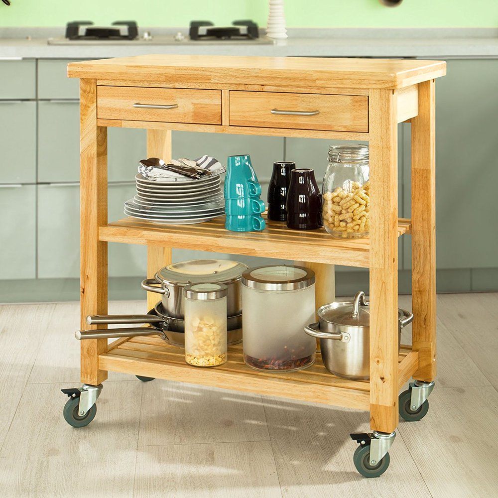 Haotian Rubber Wood Kitchen Storage Serving Trolley Cart with Two