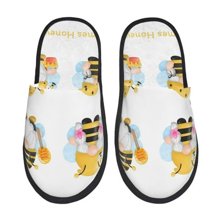 

Qekee Gnomes Honey Bee Print Furry Slippers for Women and Men House Slipper Funny Bedroom Slippers Indoor -Large