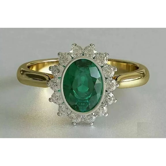 2Ct Oval Cut Lab Created Green Emerald Diamond Halo Women's Engagement Ring 14K Yellow Gold Plated 925 Silver