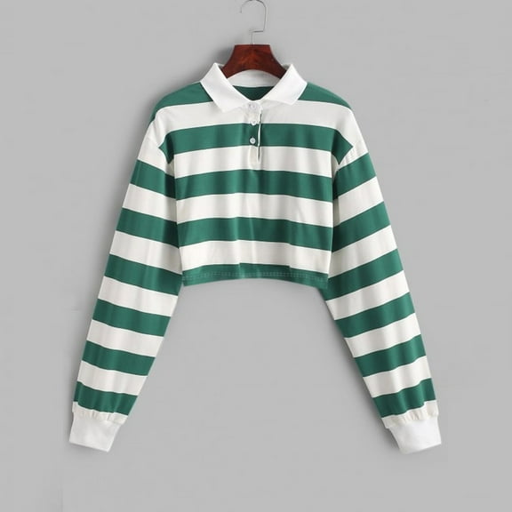 fartey Crop Tops for Women Striped Lapel Button Up Top Long Sleeve Cozy Shirt Trendy Color Block Sweatshirt Pullover Blouse