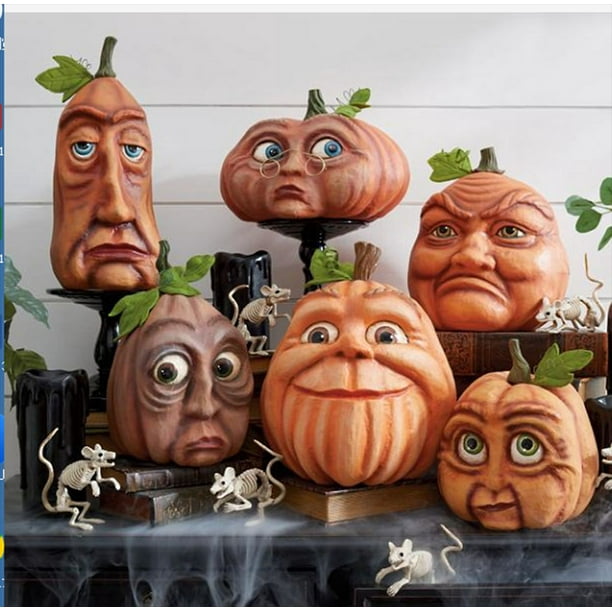 Halloween Pumpkin Outdoor Decor, Spooky Party Pumpkin Six Monsters Resin Crafts, Pumpkin Doll with Weird Expressions Garden Decor, for Home Tabletop Decor Pumpkin Faces Party Decorations Outdoor A,Sec