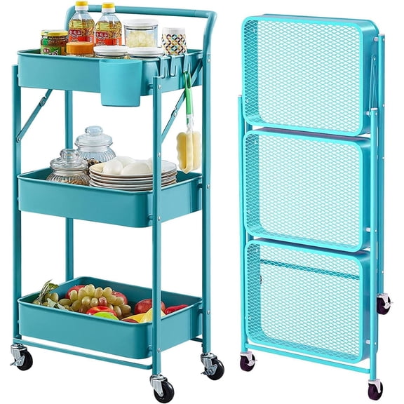 Alexent Foldable 3-Tier Blue Metal Rolling Utility Cart, No Assembly Required, Storage Shelves with Lockable Wheels for Kitchen Bathroom Home Organization