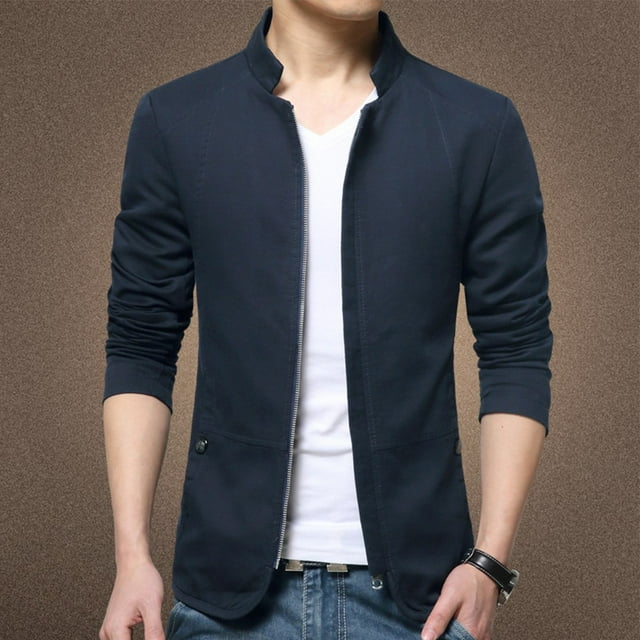 Lefu Mens Casual Blazer Collared Coat Jacket Tops Slim Fit Business Formal Zip Suit