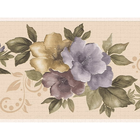 Dundee Peau et Bâton Déco Papier Peint Frontière - Floral Violet Jaune Vert Fleurs Floraison Mur Bord Rétro Design, 15 Pi x 7 Po (4,57 M x 17,78 Cm), Auto-Adhésif