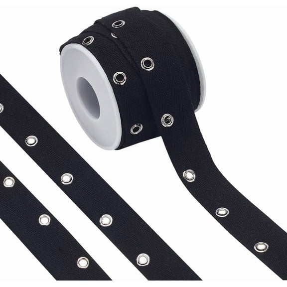8 Yards Black Cotton Grommet Eyelet Twill Tape 1 inch Wide Metal Eyelet Ring Ribbon Strip for Sewing Crafts Making Hole: 4mm