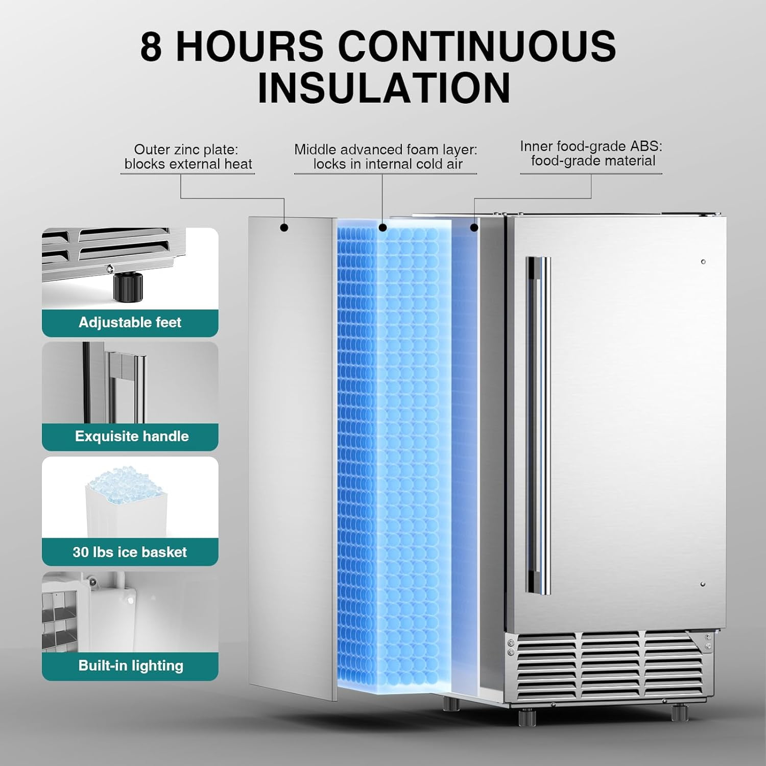 XUTUMM 15" Ice Maker, 85Lbs/24H Under Counter w/ 30Lbs Bin, Built-in/Freestanding, Auto-Clean, Stainless Steel