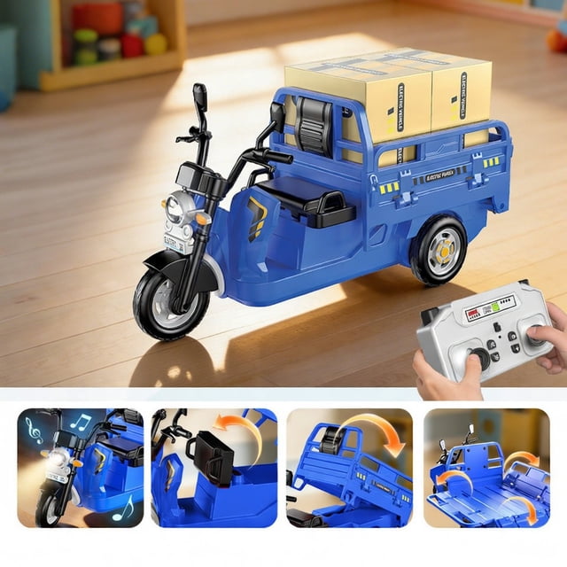 Simulation Model Of Children's Remote Tricycle With Sounds And Light Tool Car With Three Bounces Cargo Delivery Car Gift Delivery Car