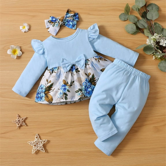 SGFCWSX Girls Casual Outfits Baby 3 Piece Set Ruffle Sleeve Top, Pants and Bow Headband Sets Blue Size 3 Months