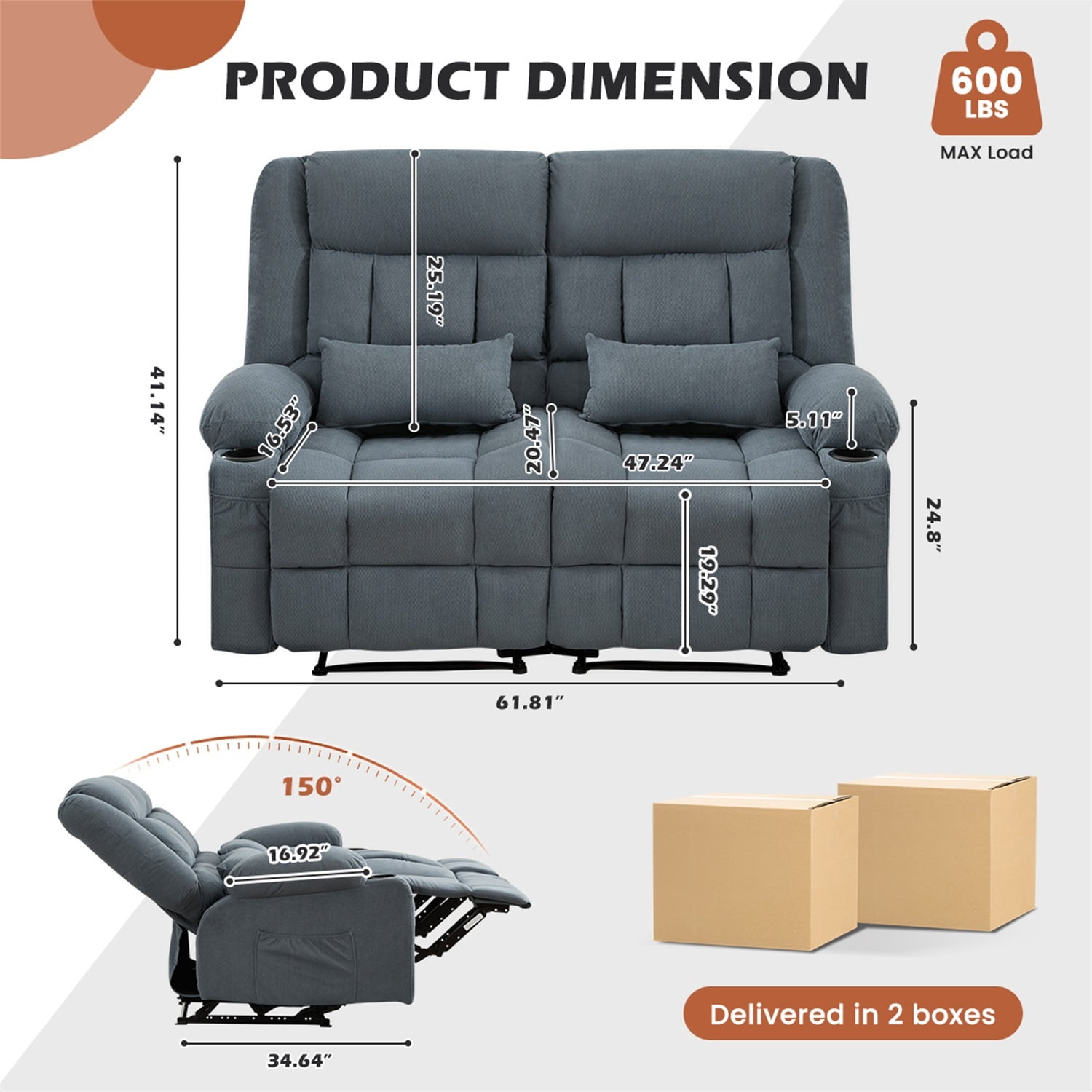 Alvantor Loveseat Recliner Sofa for Adults with Cup Holders, Modern Overstuffed Manual Sofa Chair for Home Theater Blue