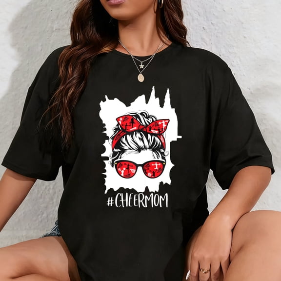 100% Cotton Funny Cheerleading Mom Messy Bun Cheer Mom T-Shirt
