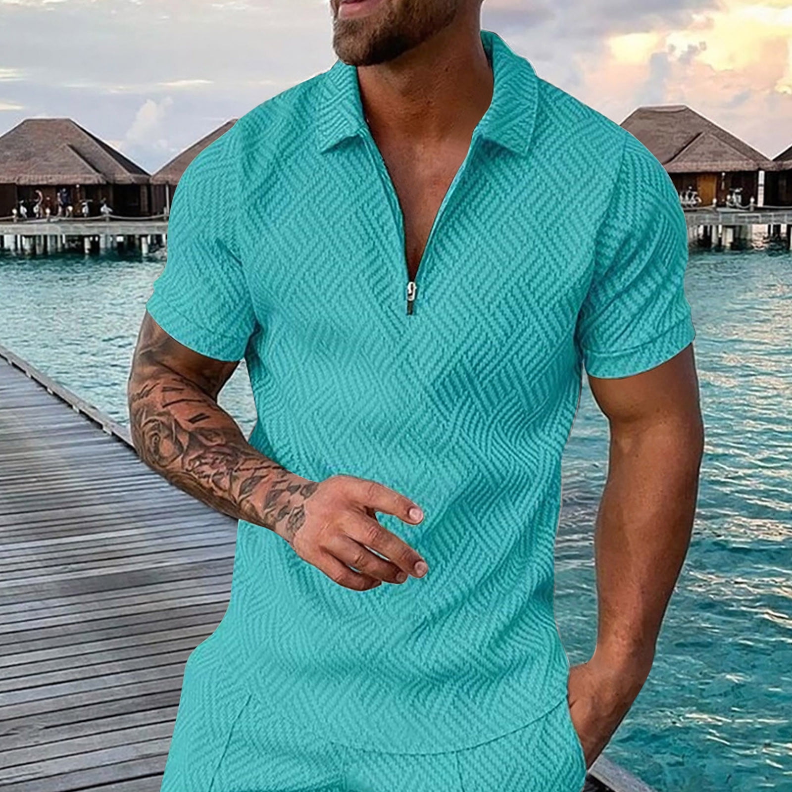 Eashery Man Summer Fashion Polo shirt Printed Zipper Mens Top