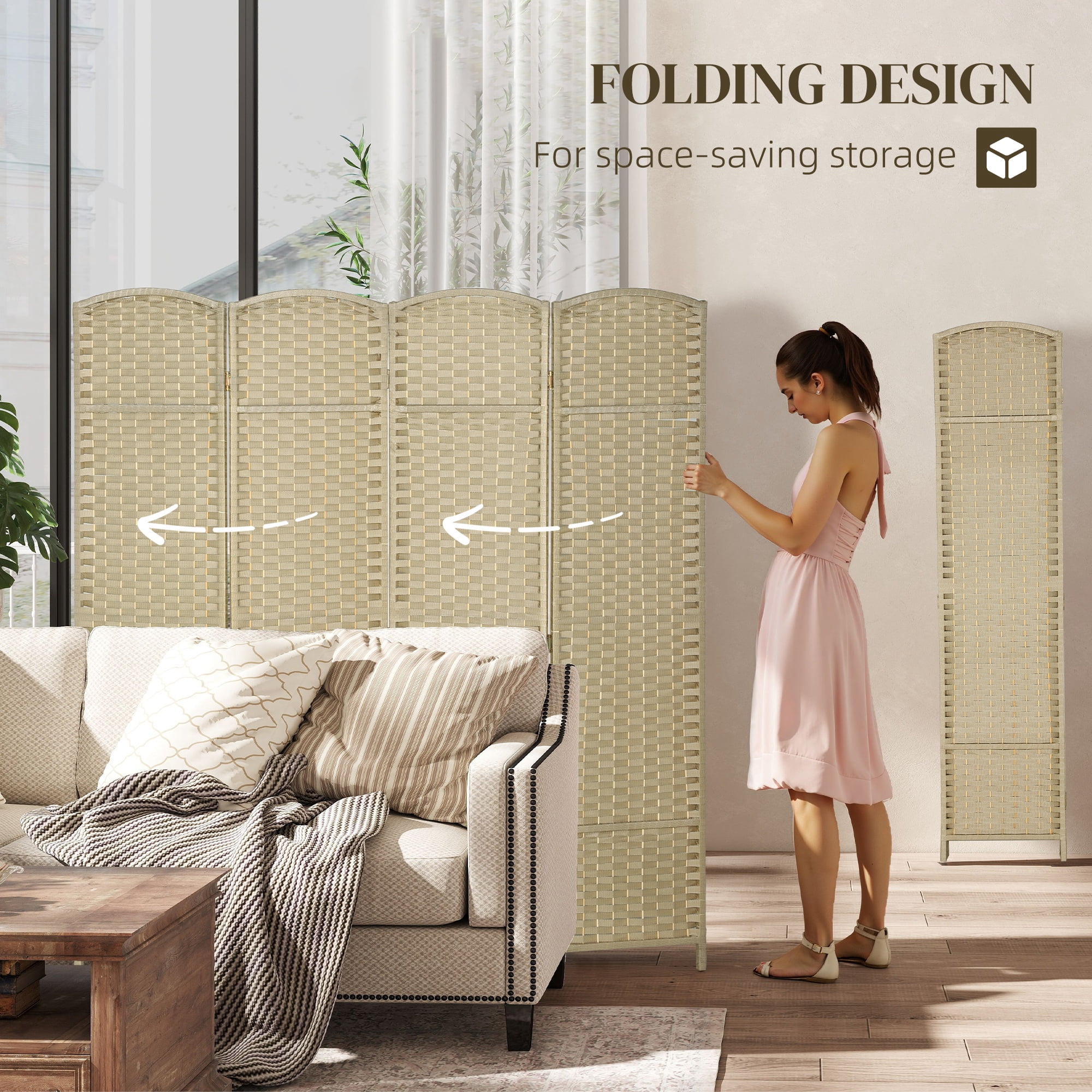 HOMCOM 4 Panel Room Divider Freestanding Folding Privacy Screen, Beige