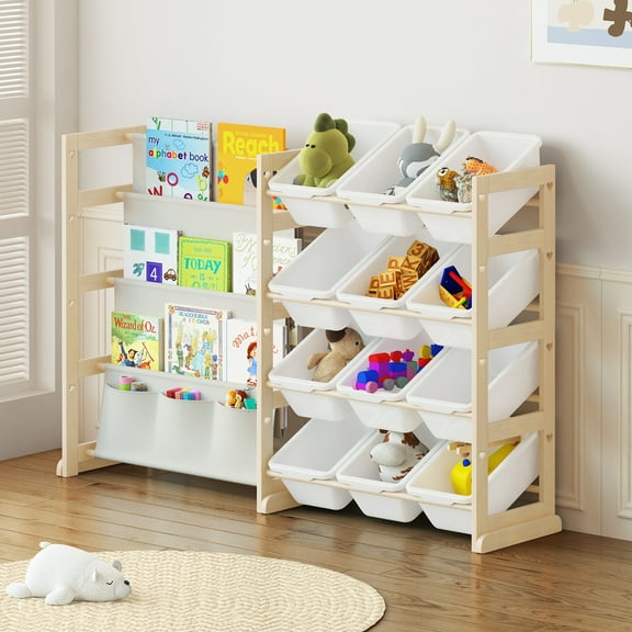 Toy Storage Organizer with Bookshelf - 12 Storage Bins 4-Tier Multipurpose Shelf to Organize Toys and Books for Kids Room, Playroom, Nursery Room, White