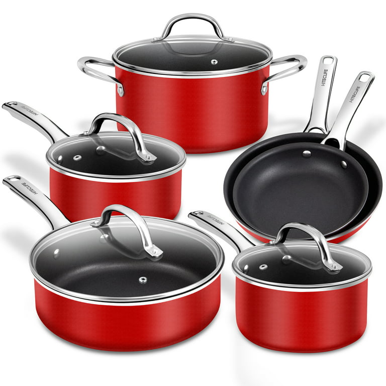 Aoibox 10-Piece Ceramic Nonstick Cookware Set with Saucepans, Frying Pans, Dutch Oven Pots with Lids, Red