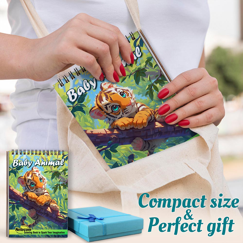 Netecom Baby Animal Coloring Book Spiral Bound for Adults, A5 Wooden Cover, 30 Cuddly Coloring Pages of Forest Animal for Stress Relief and Relaxation
