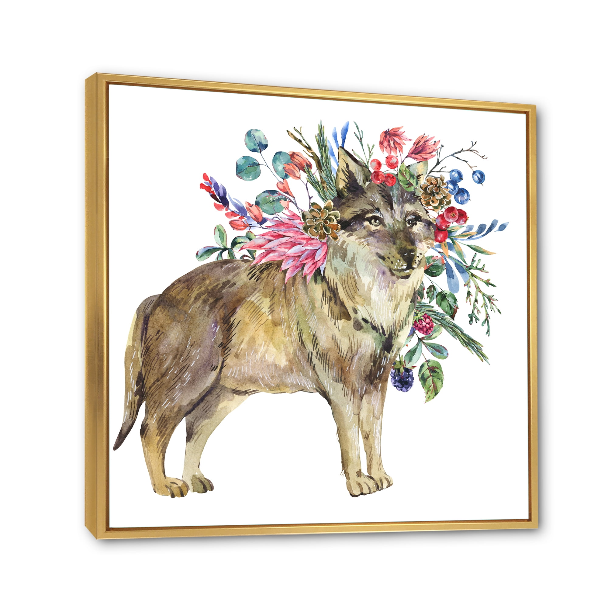 Designart 'Wolf With Woodland Flowers On White' Farmhouse Framed Canvas Wall Art Print