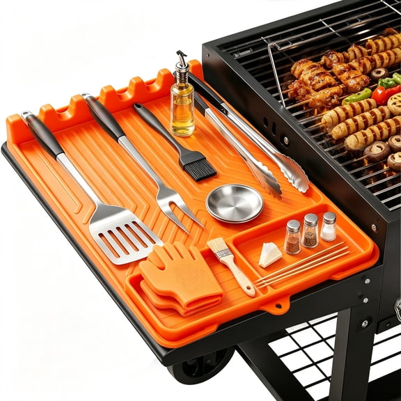 Silicone Griddle Mat for Blackstone,Spatula Grill Mat with Drip Pad,Griddle Tools Mat,Food Grade BBQ Utensils Holder for Outdoor Grill Kitchen(Orange)