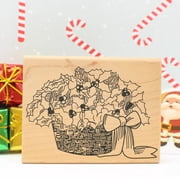 Basket of Poinsettias Art Rubber Stamp, Laser Engraved Craft Stamp on Wood Mounted Block, Size 1-3/4 x 1-3/4, Made in USA