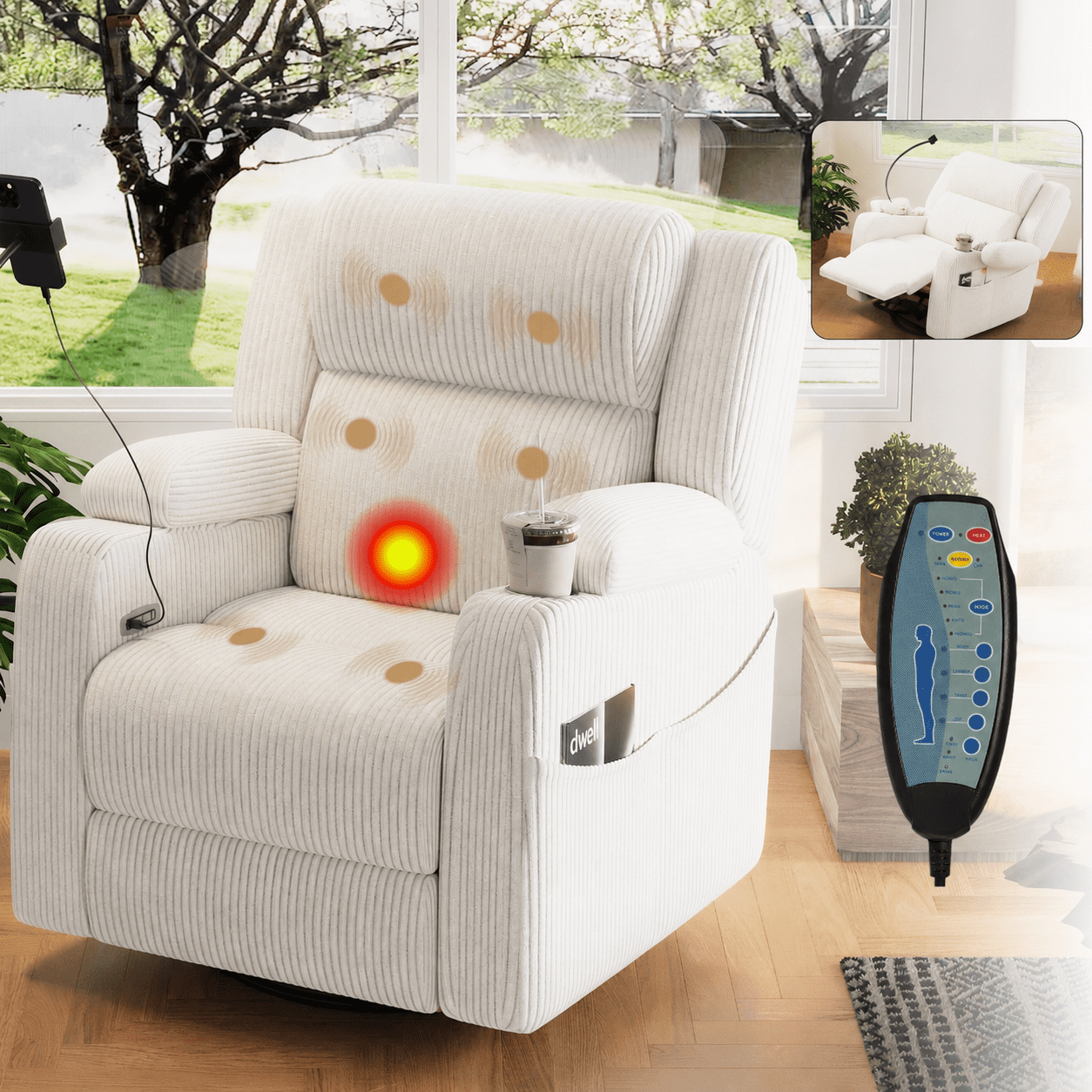 Euroco Power Recliner Chair for Adults, 270° Swivel Rocker Recliner with Heat and Massage,Phone Holder & USB Ports,Side Pockets, Cup Holder,Electric Glider Nursery Chair with Hidden Storage,Beige