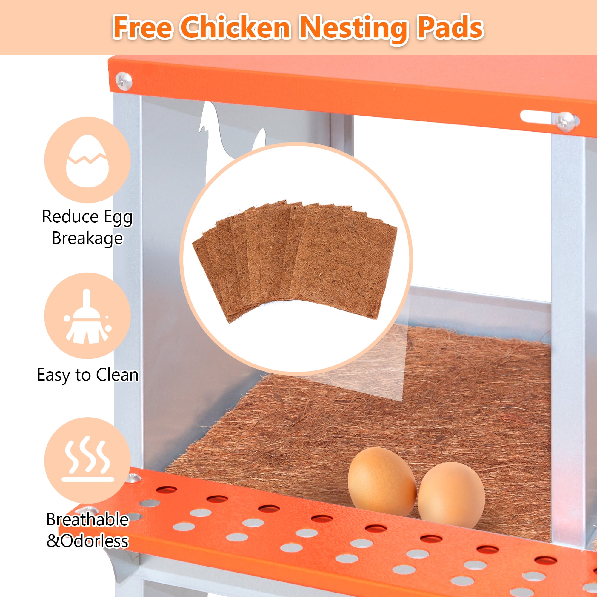 10-Bay Metal Poultry Nest Box, Orange Wall Mount Nesting Box for Hens and Ducks, Galvanized Steel Coop Accessory with Coconut Fiber Pad, Vented Design for Easy Egg Collection