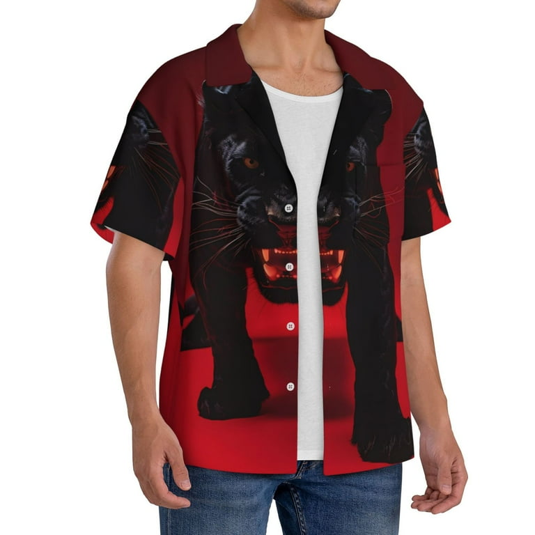 Balery Black Panther Red Background Men's Casual Button Down Shirt
