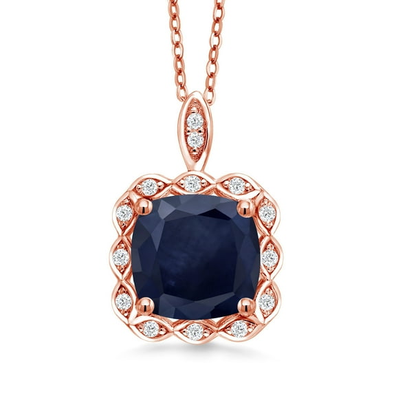 Gem Stone King 4.74 Ct Cushion Blue Sapphire 18K Rose Gold Plated Silver Pendant with Chain