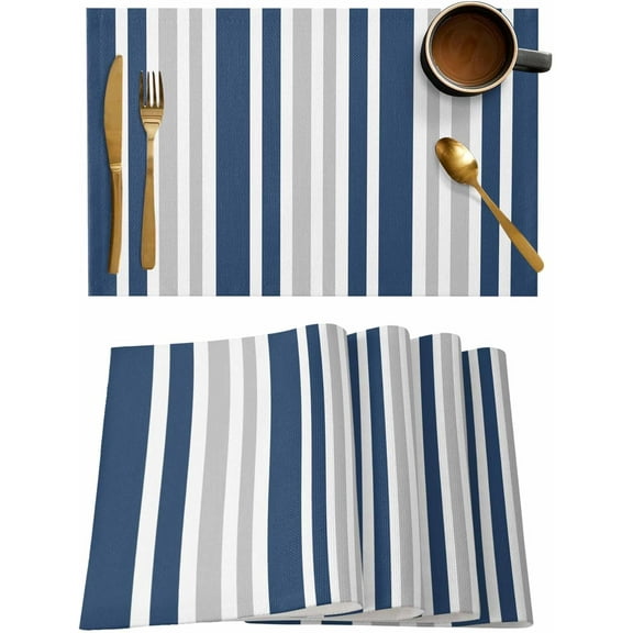 Striped Placemats Set of 4, Navy Blue Gray Vertical Stripes Minimalist Art Cotton Linen Table Mats Non-Slip Washable Streak Print Placemat for Holiday Banquet Dining Kitchen Table Decor