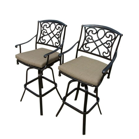 - Set of 2 Unique Decorative Back Antique Bronze Colored Patio Bar Stools with Cushions 49”