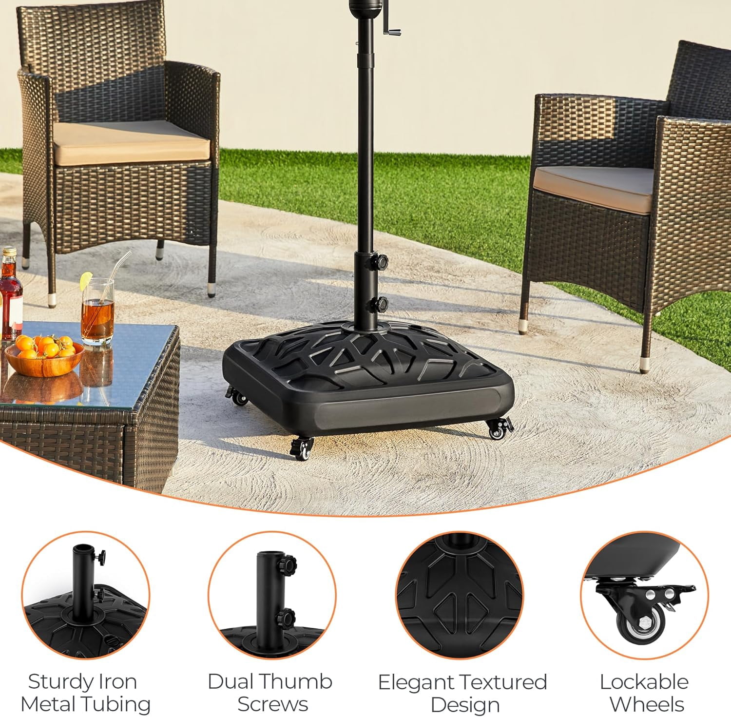 WJSP Fillable Mobile Umbrella Base Black Checkered 22.24x22.24x16.93in Heavy Duty 4 Wheels 4 Locks 123lb Capacity for Patio Deck Poolside Garden