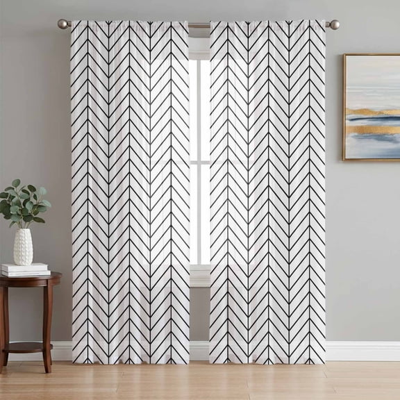 White Geometric Sheer Curtains 96 Inch Length 2 Panels Set Window Treatments, Modern Minimalism Black Striped Lines Rod Pocket Semi Curtains for Living Room/Bedroom/Kitchen Décor, 104"W x 96"L