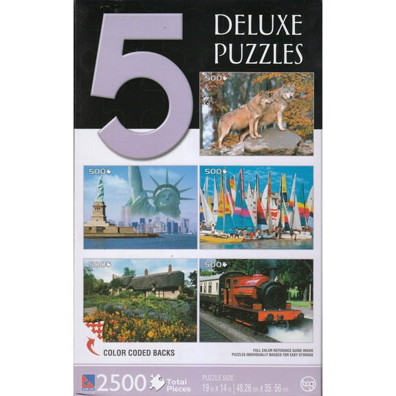 Deluxe Puzzles - 500 Piece Each: New York Skyline, European Gray Wolf, Anne Hathaway's Cottage, Sailboats, Gloucestershire Railway