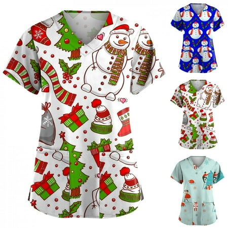 

Wirziis Christmas Costumes for Women Nursing Scrub Tops Christmas Printed Working Uniform Short Sleeve V-Neck Workwear Blouse T-shirt with Pockets