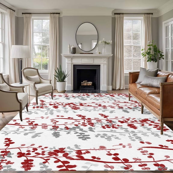 Large Area Rugs for Living Room Bedroom, Red Grey Botanical 5'x8' Rug Washable Carpet Runner Indoor Outdoor, Spring Floral Summer Farmhouse Non Slip Floor Mats Rug for Kitchen, Bathroom