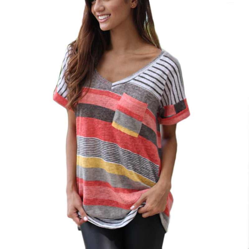 Marainbow - T-Shirt for Women Round Neck Triple Color Block Stripe ...