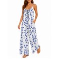 thumbnail image 2 of Women'S Blue White Small Flowers Jumpsuits Sleeveless Spaghetti Strap Loose Baggy Wide Leg Overalls Romper, 2 of 7