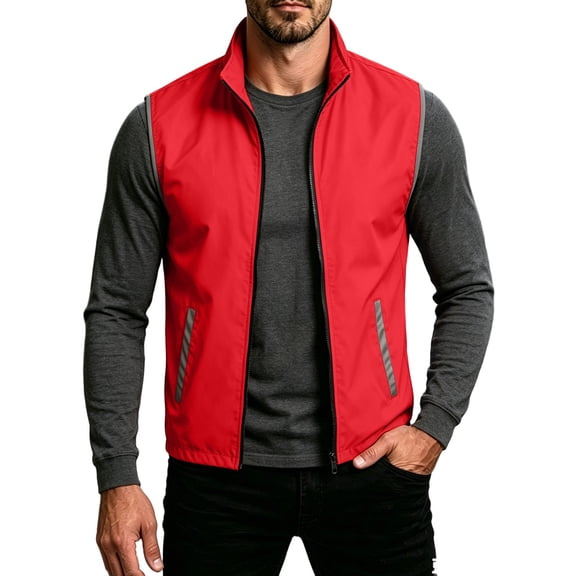 Ecqkame Men's Reflective Vest High Visibility Stand Collar Full Zip Side Pockets Vests Lightweight Safety Outdoor Daily Outerwear Red XS