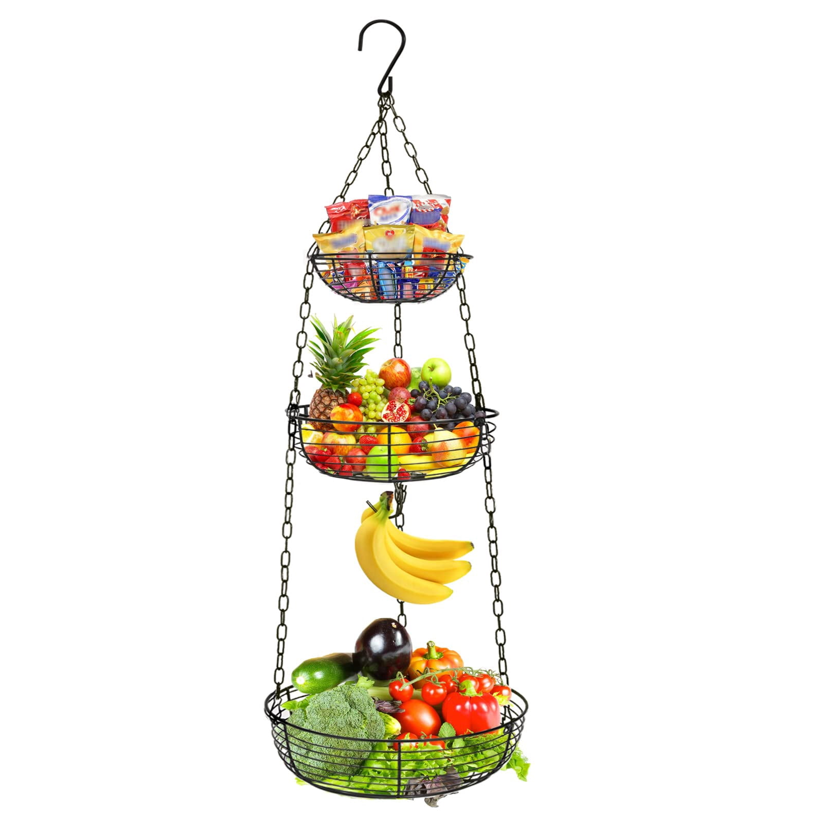 3 Tier Hanging Fruit Basket with Banana Hook, Heavy Duty Wire Hanging Baskets for Kitchen Storage, 36 Inch Hanging Vegetable Produce Basket Organizer (Including Installation Bracket)