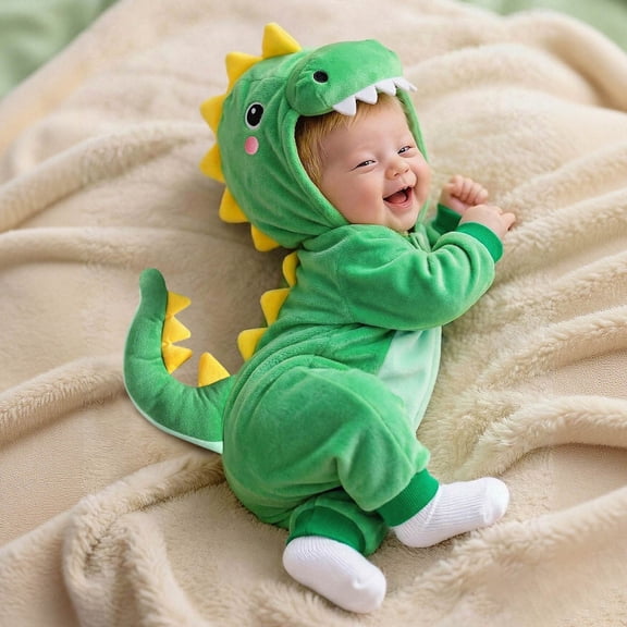 Toddler Dinosaur Hooded Romper Halloween Dinosaur Dress Up Outfits (Green)