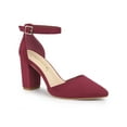 thumbnail image 1 of BLISSFUL STEP Women's Ankle Strap Pumps Pointed Toe High Block Heel Faux Suede Dress Shoes Burgundy 7, 1 of 7