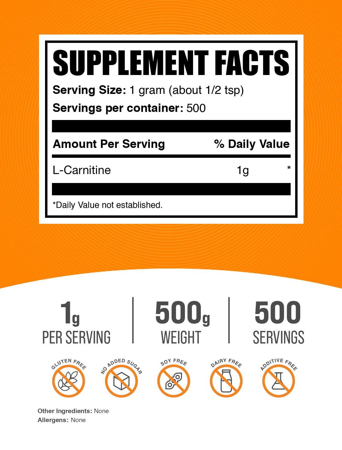 BulkSupplements L-Carnitine Powder - Carnitine Supplement, Amino Acid Supplement - Unflavored, 1g per Serving, 500g (1.1 lbs)